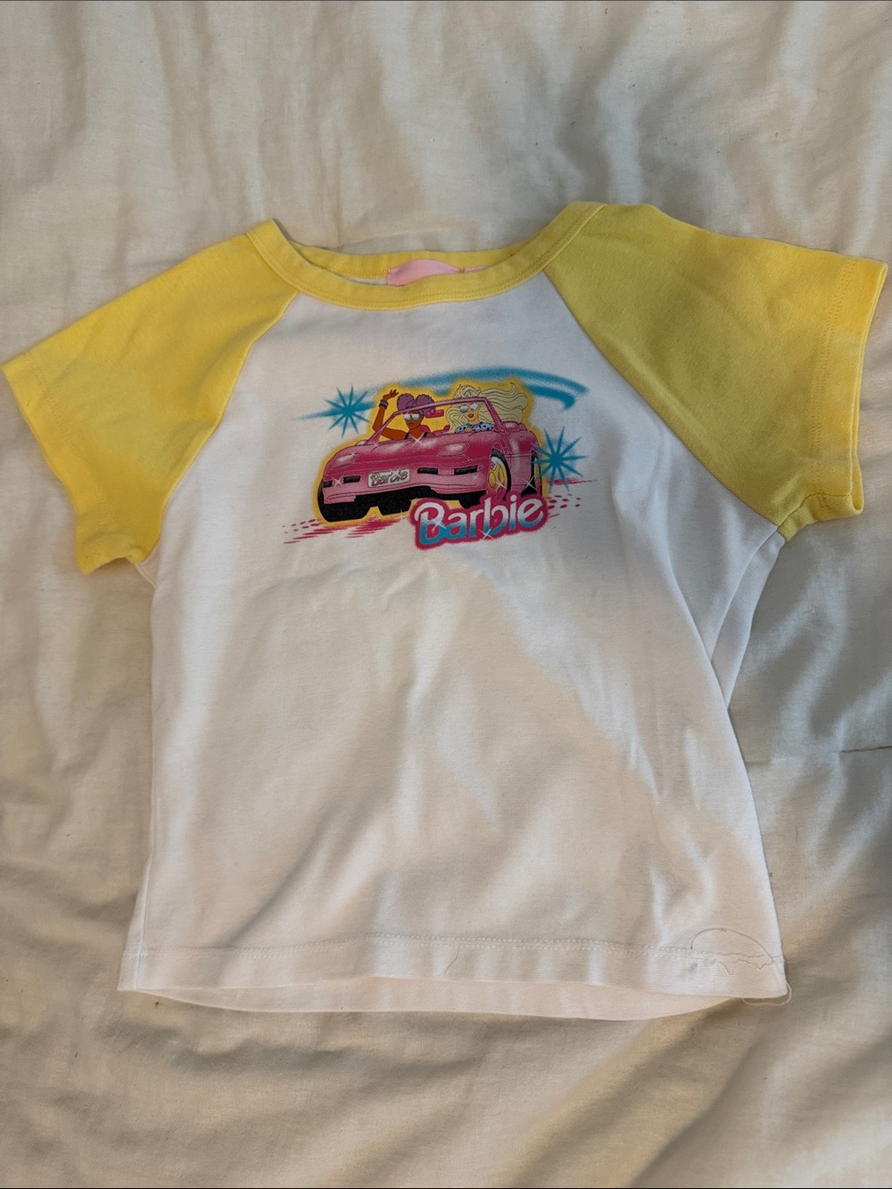 Barbie White Tee with Yellow Sleeves and Pink Car Graphic